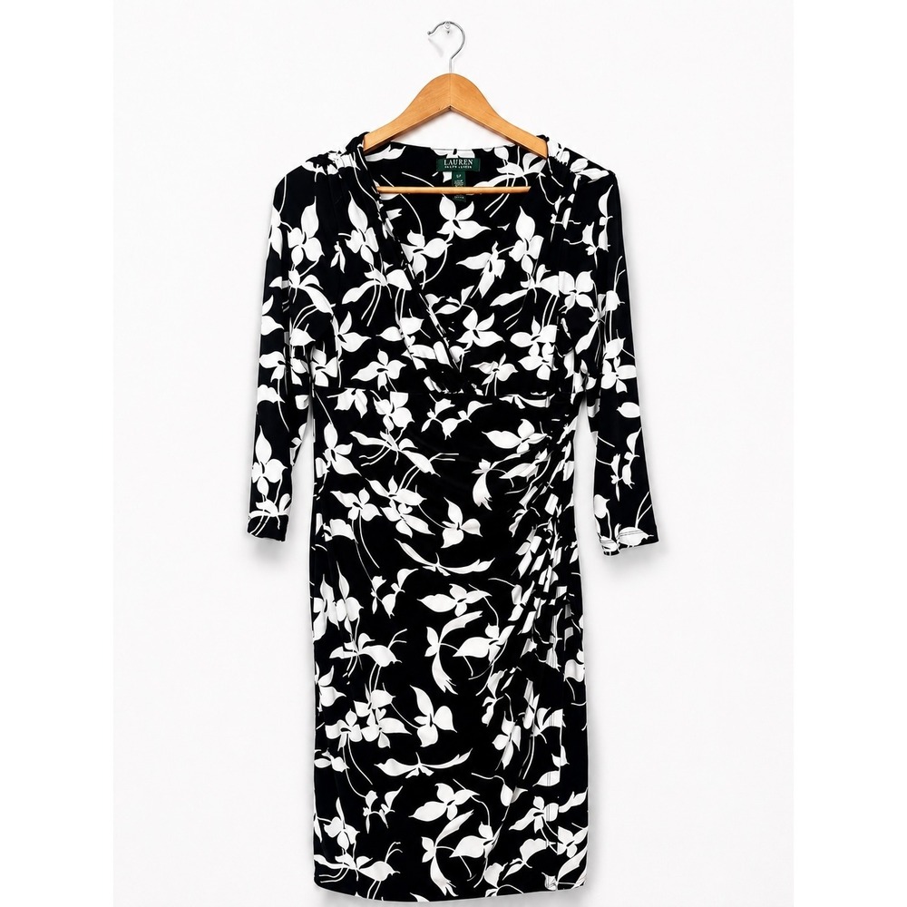 Lauren Ralph Lauren‎ Floral Faux Wrap Ruched Jersey Dress Size 12 Career Office